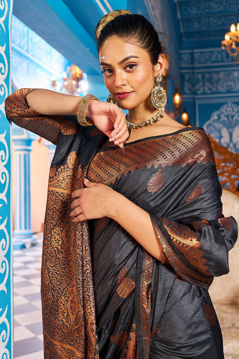 Stunning Black Banarasi Silk Saree With Amazing Blouse Piece