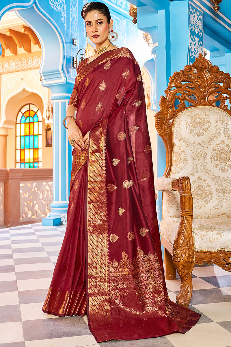 Sizzling Maroon Banarasi Silk Saree With Alluring Blouse Piece