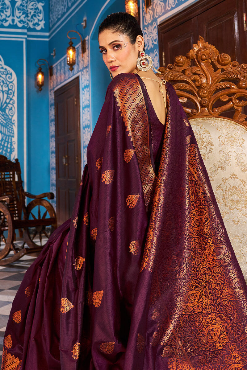 Unique Purple Banarasi Silk Saree With Outstanding Blouse Piece