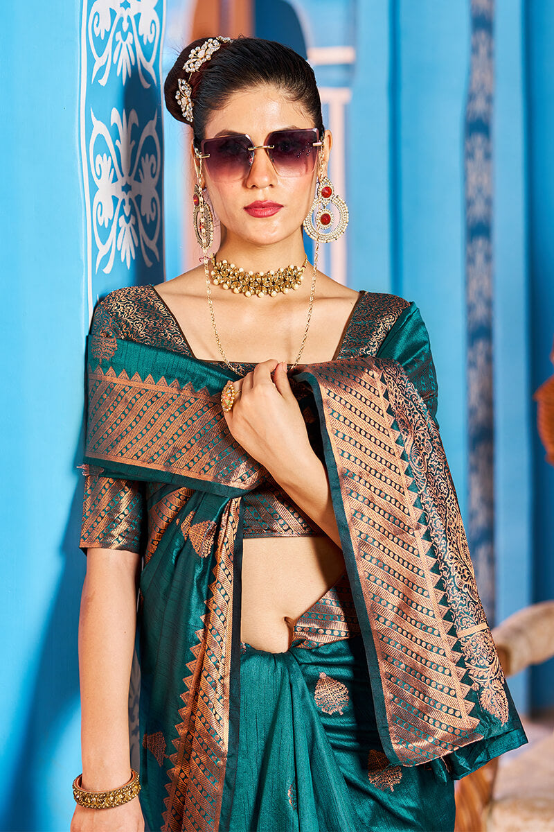 Deserving Rama Banarasi Silk Saree With Staring Blouse Piece
