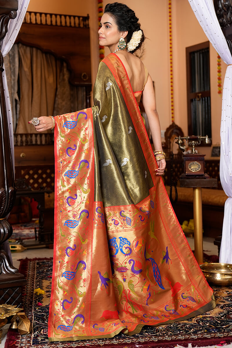 Stunner Mehndi Paithani Silk Saree With Super classy Blouse Piece
