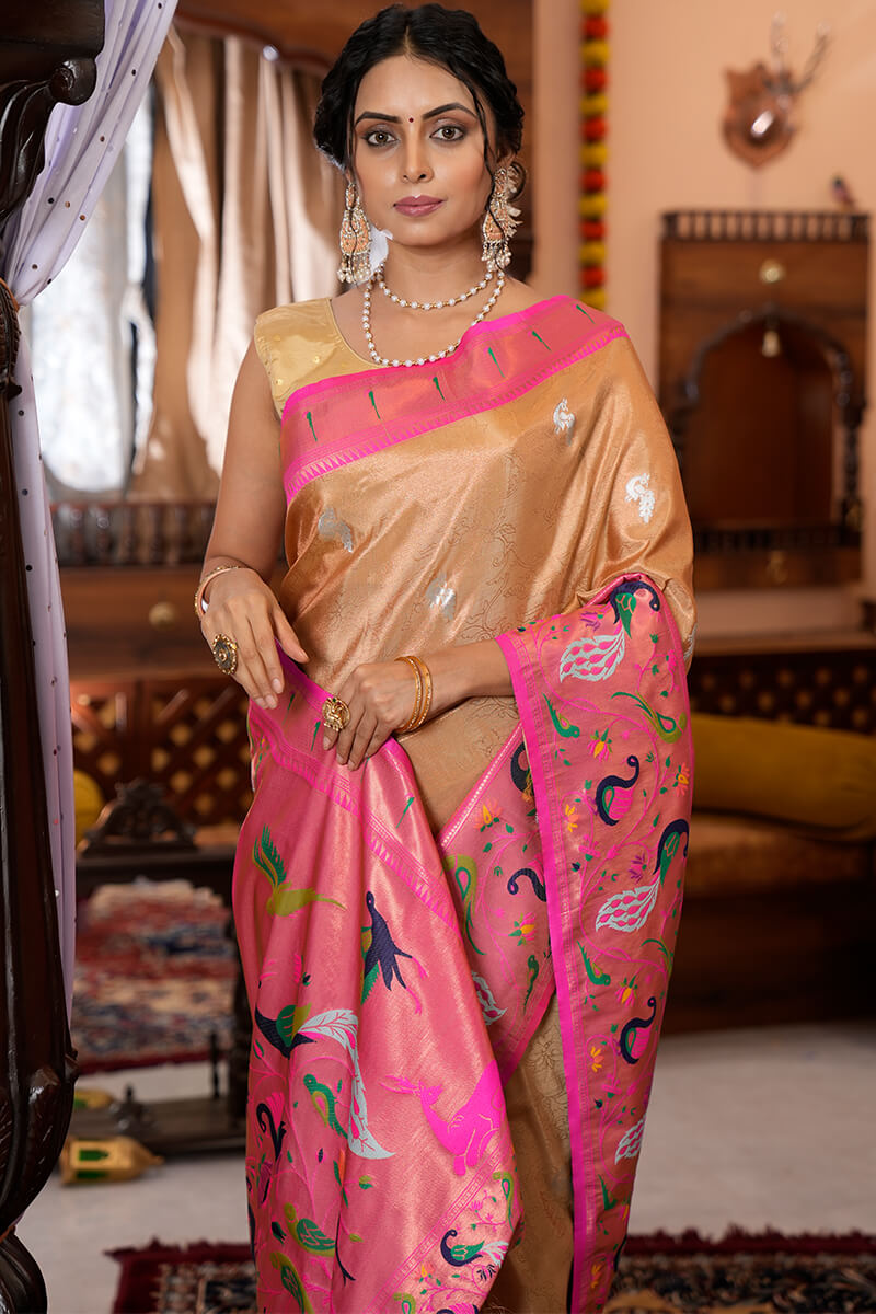 Traditional Peach Paithani Silk Saree With Beauteous Blouse Piece