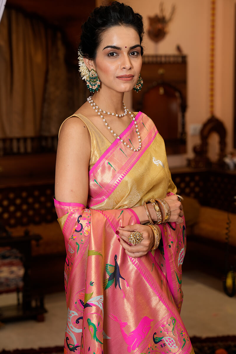 Surreptitious Yellow Paithani Silk Saree With Ailurophile Blouse Piece