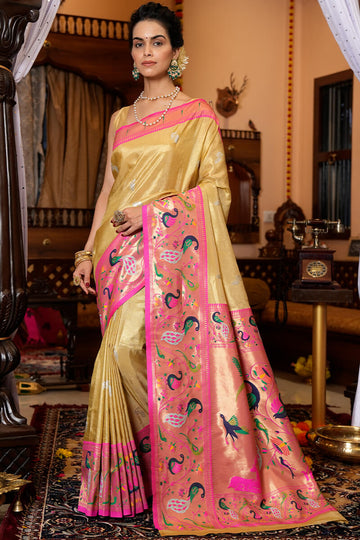 Surreptitious Yellow Paithani Silk Saree With Ailurophile Blouse Piece