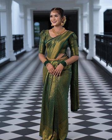 Adorning Green Soft Silk Saree With Charming Blouse Piece