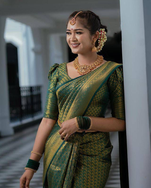 Adorning Green Soft Silk Saree With Charming Blouse Piece