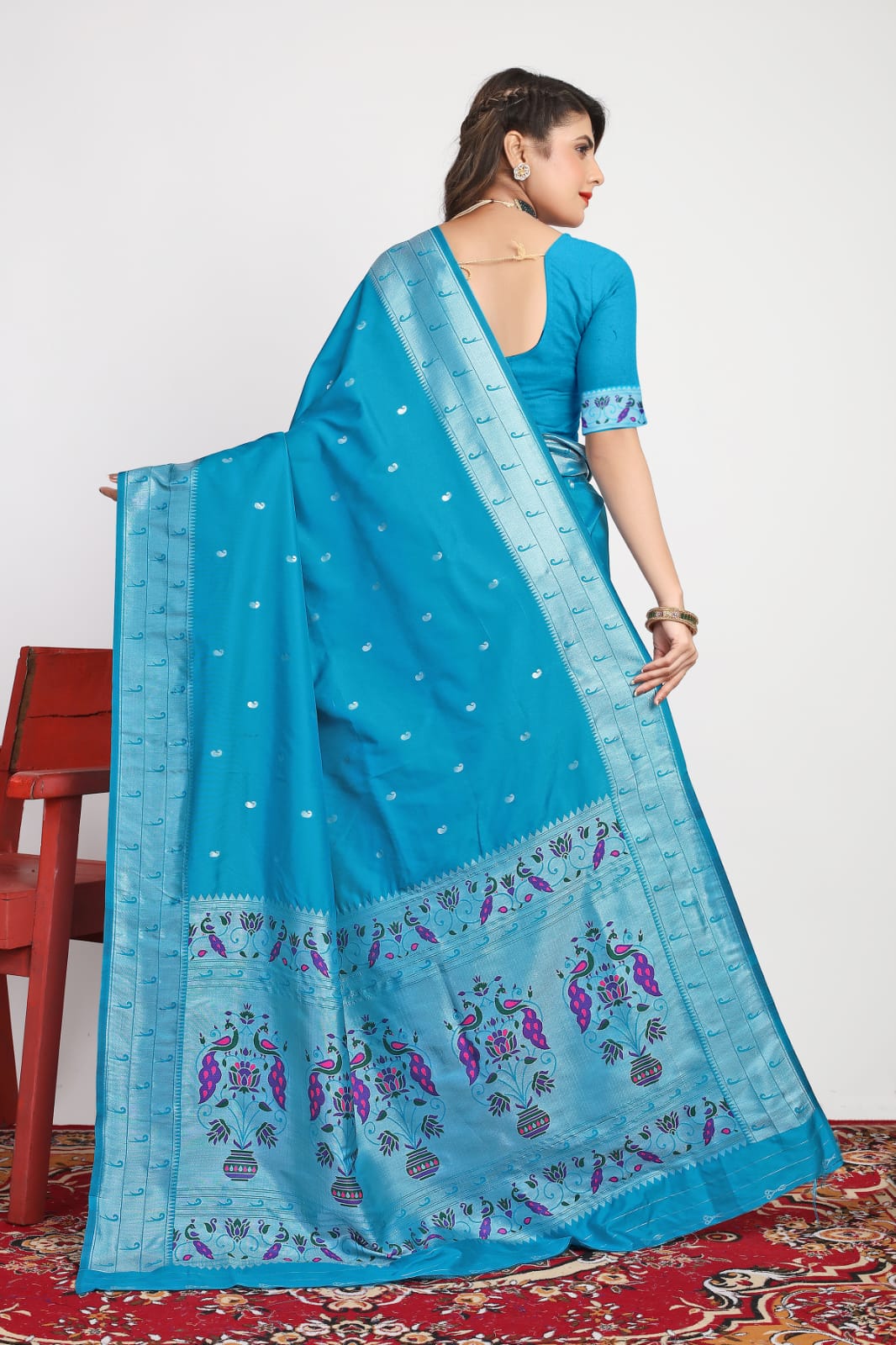 Marvellous Firozi Paithani Silk Saree With Stylish Blouse Piece