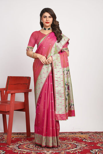 Beautiful Pink Paithani Silk Saree With Demanding Blouse Piece