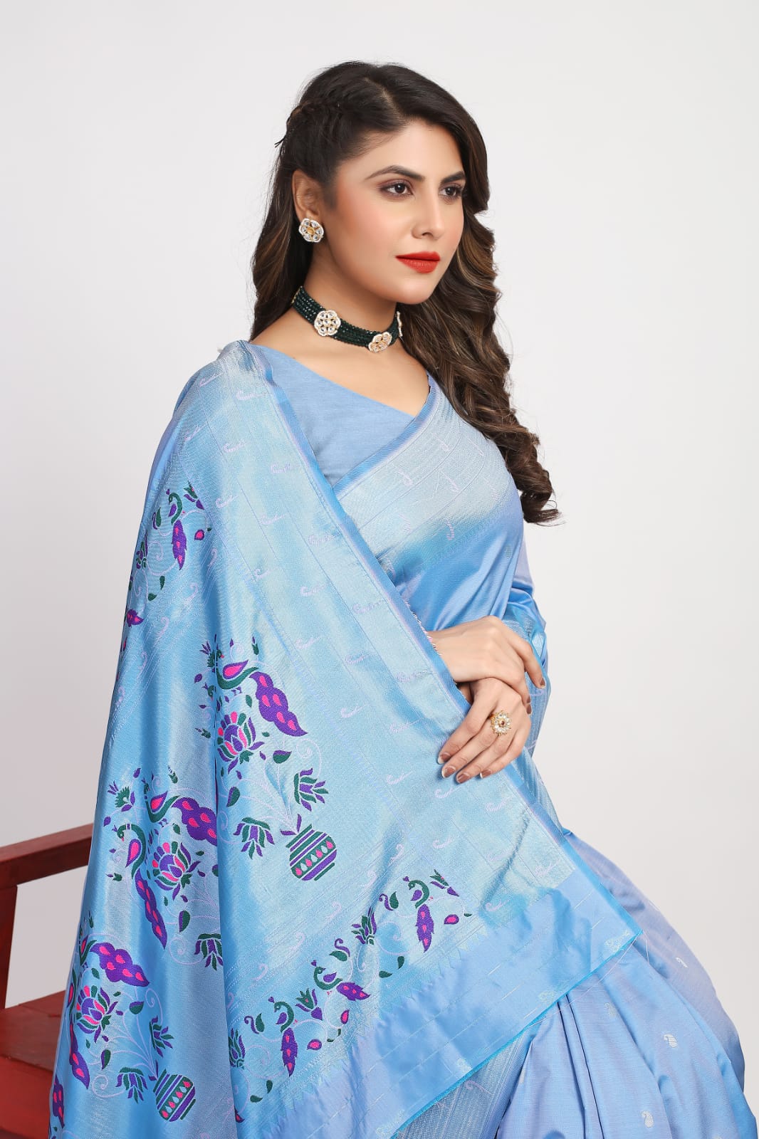 Surpassing Sky Paithani Silk Saree With Designer Blouse Piece