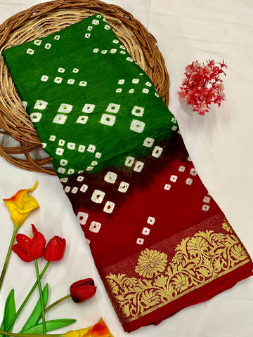 Dalliance Green Bandhani Silk Saree With Brood Blouse Piece