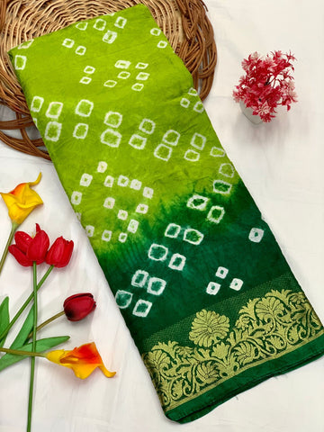 Magnetic Parrot Bandhani Silk Saree With Vestigial Blouse Piece