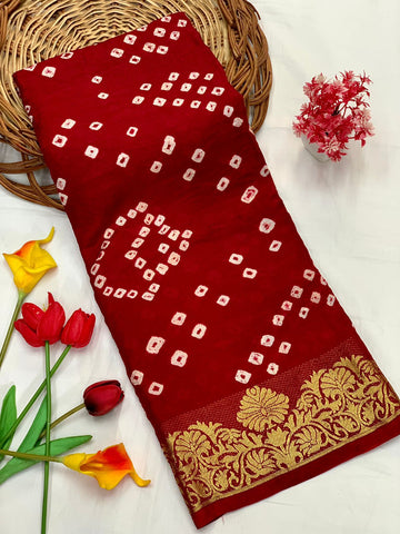 Luxuriant Red Bandhani Silk Saree With Snappy Blouse Piece