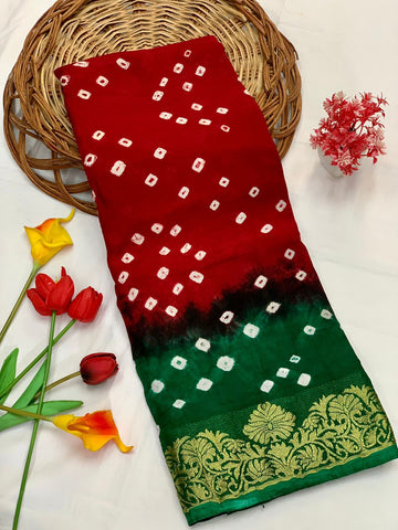 Smashing Red Bandhani Silk Saree With Felicitous Blouse Piece
