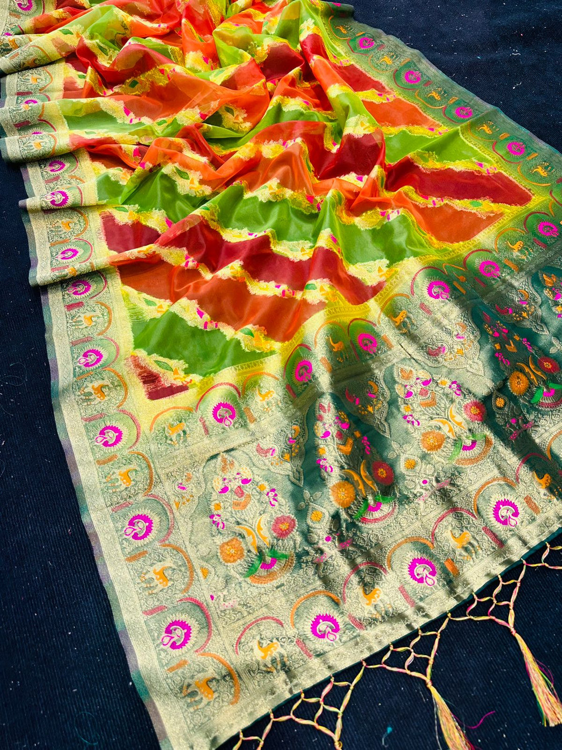 Radiant Multicolor Orgeanza Silk Saree With Opulent Blouse Piece