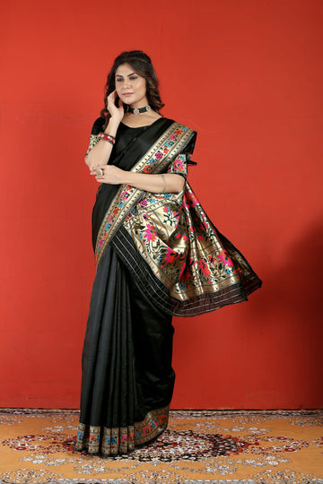 Jazzy Black Paithani Silk Saree With Desiring Blouse Piece