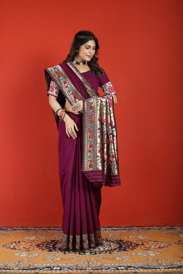 Staggering Purple Paithani Silk Saree With Engaging Blouse Piece
