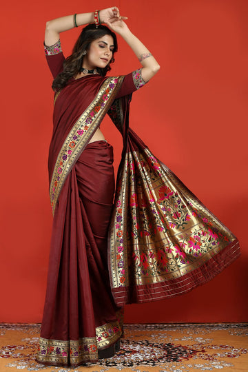 Imaginative Wine Paithani Silk Saree With Magnificat  Blouse Piece