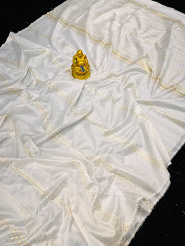 Unequalled White Cotton Silk Saree With Magnificat Blouse Piece