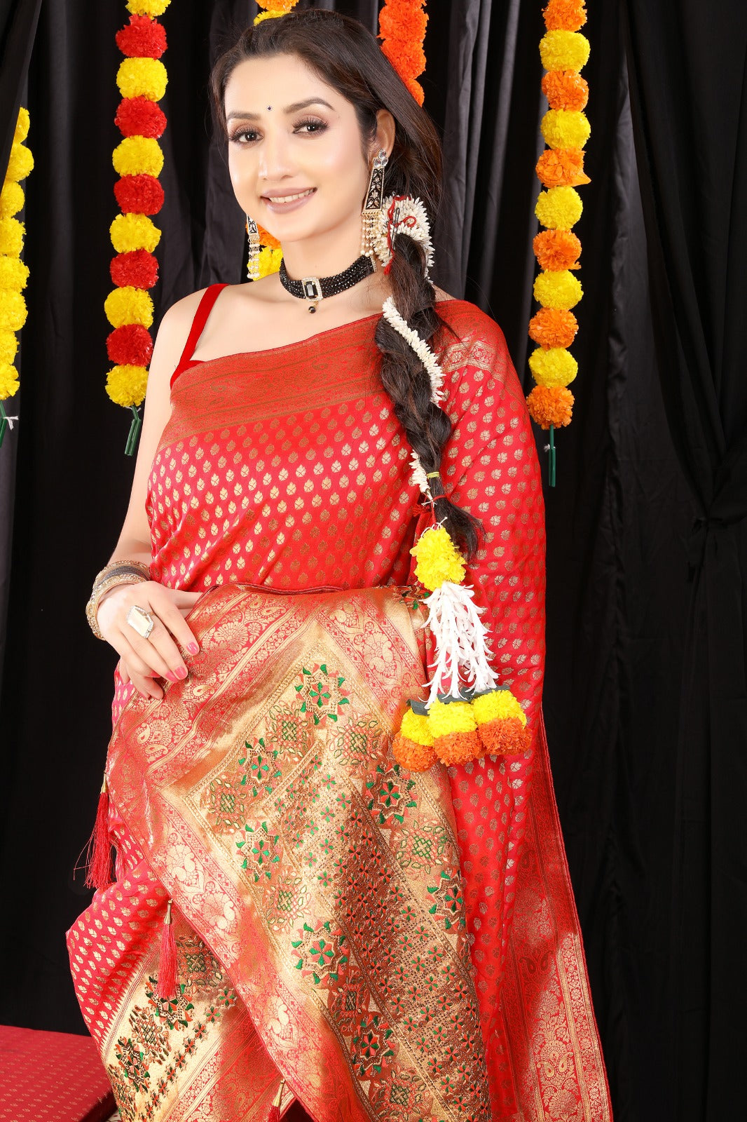 Charming Red Banarasi Silk Saree With Glowing Blouse Piece
