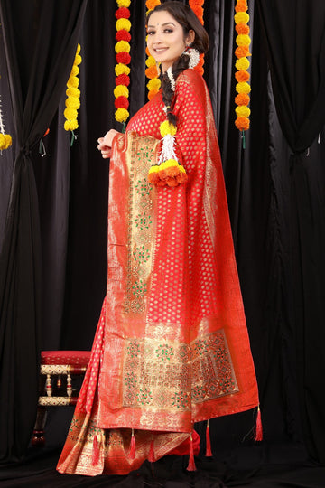 Charming Red Banarasi Silk Saree With Glowing Blouse Piece