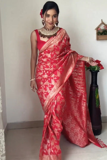 Mesmeric 1-Minute Ready To Wear Red Cotton Silk Saree