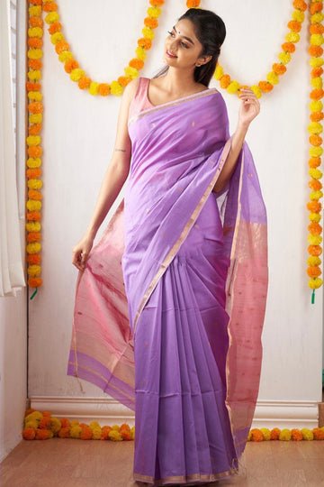 Gorgeous Lavendor Cotton Silk Saree With Sizzling Blouse Piece