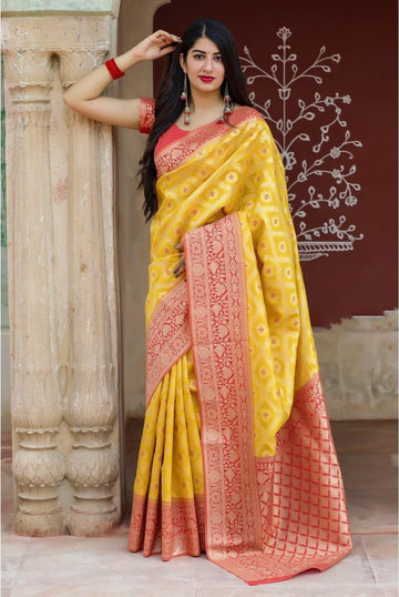Invaluable Yellow Soft Silk Saree With Designer Blouse Piece
