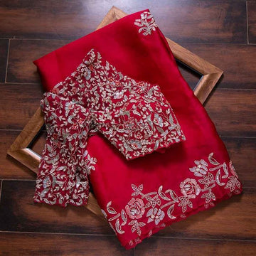 Super Red Color Saree With Work Shine